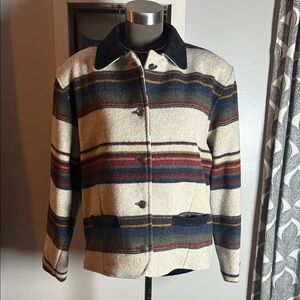 Woolrich Vintage Blanket Striped Wool Jacket Suede Trim SZ Medium